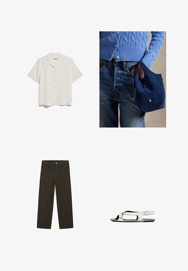 ARMEDANGELS MAAITE LINO - Camicia - oatmilk; Jeans a gamba larga di colore verde scuro, realizzati in tessuto misto cotone, dotati di chiusura con bottone frontale, cinque tasche e cuciture classiche in denim.; Sandal in cuoio bianco con suola piatta, design con punta aperta e cinturino con fibbia laterale. Presenta dettagli a taglio lungo i lati.; Borsa in suede blu navy con texture morbida, doppi manici e piccola targhetta applicata. Presenta un logo bianco sulla parte frontale e una base arrotondata.