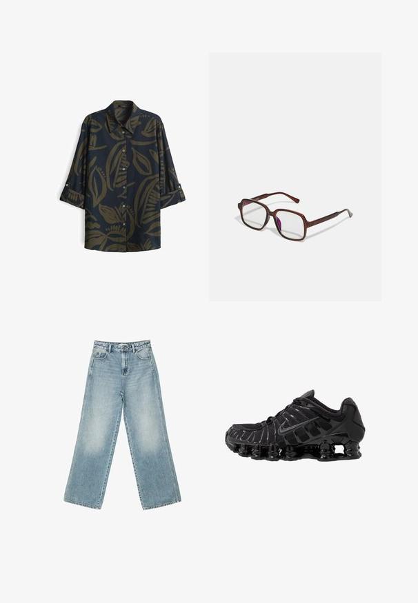 Camicia blu scuro con motivo di foglie in verde oliva. Presenta un colletto, bottoni e maniche a tre quarti con polsini. Tessuto dalla superficie liscia.; Jeans ampi di jeans blu chiaro, con vita alta, design a cinque tasche e leggera scoloritura lungo le gambe.; Scarpa sportiva nera con tomaia in mesh e sovrapposizioni lucide. Presenta un'imbottitura a molla curva e linee texturizzate sul lato. Logo Nike visibile.; Occhiali rettangolari marroni con lenti trasparenti e tonalità viola. Montatura in plastica liscia con stanghette dritte e accenti sottili.; Borsa hobo in pelle marrone con una tracolla curva, texture morbida e una tasca laterale con zip per una funzionalità aggiuntiva.