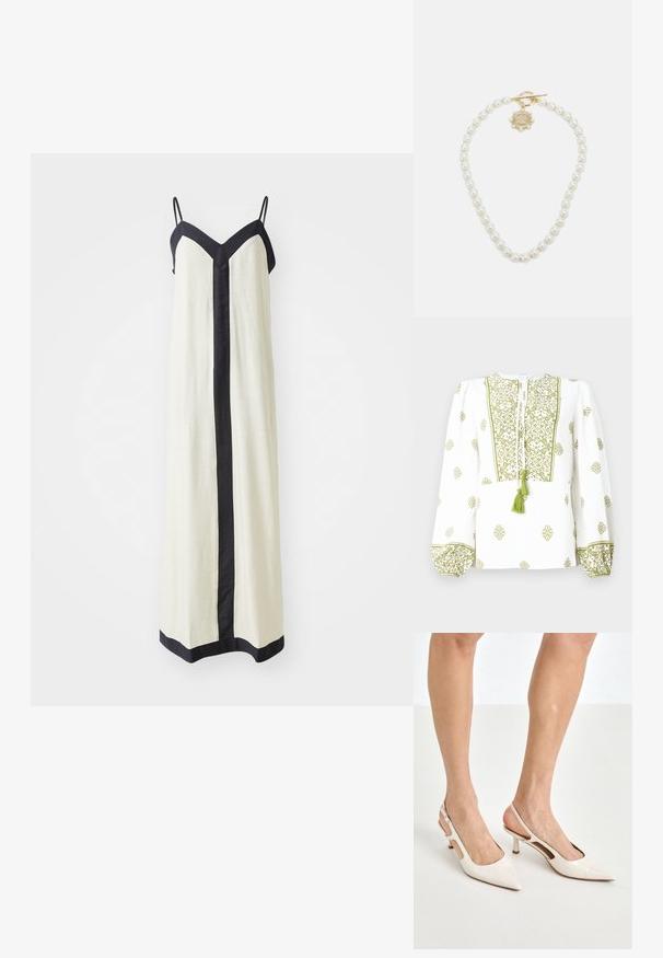 Fehér blúz zöld virágos hímzéssel, kulcslyuk dekoltázzsal, bojtós részlettel és rakott hosszú ujjakkal, melyek passzolnak a mandzsetta színéhez.; Ujjatlan maxi ruha krém színben, mély V-kivágással, fekete díszítéssel a széleken és elöl. Könnyű anyagból készült.; Beige patent bőr slingback magassarkúk hegyes orral és 5 cm-es sarokkal, kivágott oldalakkal és vékony bokapánttal.; Fehér virágmintás kézitáska gyűrt szövet felülettel, aranyszínű lánccal és fémetaljzattal. Textúrázott szirmokkal készült a részletesebb megjelenés érdekében.; Lauren Ralph Lauren COLLAR - Nyaklánc - gold-coloured/white