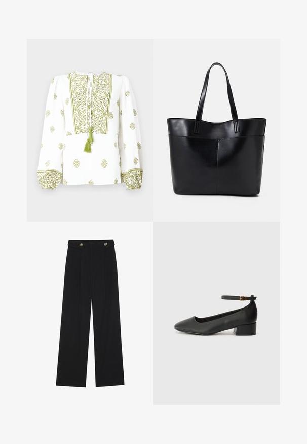White blouse featuring green floral embroidery, a keyhole neckline with tassel, and gathered long sleeves with matching cuffs.; Black wide-leg trousers with high waist, button details on waistband, and front pleats.; Black leather pump with a pointed toe and a low block heel. Features an ankle strap with a gold-tone buckle. Smooth texture.; Black leather tote bag with two long handles, a smooth texture, and a structured shape. Features a front pocket for additional storage.