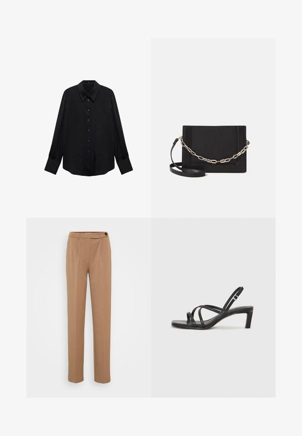 Camicia nera a maniche lunghe in tessuto morbido. Presenta un colletto sposato, chiusura con bottoni e orlo dritto. Nessun motivo o dettaglio visibile.; Pantaloni marroni su misura con gamba dritta, caratterizzati da una chiusura a bottone singolo e un design a pieghe nella parte frontale. Texture liscia, stile minimalista.; Sandalo nero con cinturini, dalla punta squadrata e tacco basso a blocco. Presenta diversi cinturini sottili e una cinturini regolabile alla caviglia. Realizzato in pelle liscia.; Borsa a tracolla nera in pelle con una texture liscia, forma rettangolare e dettaglio in catena metallica sul davanti. Inclusa una tracolla regolabile.