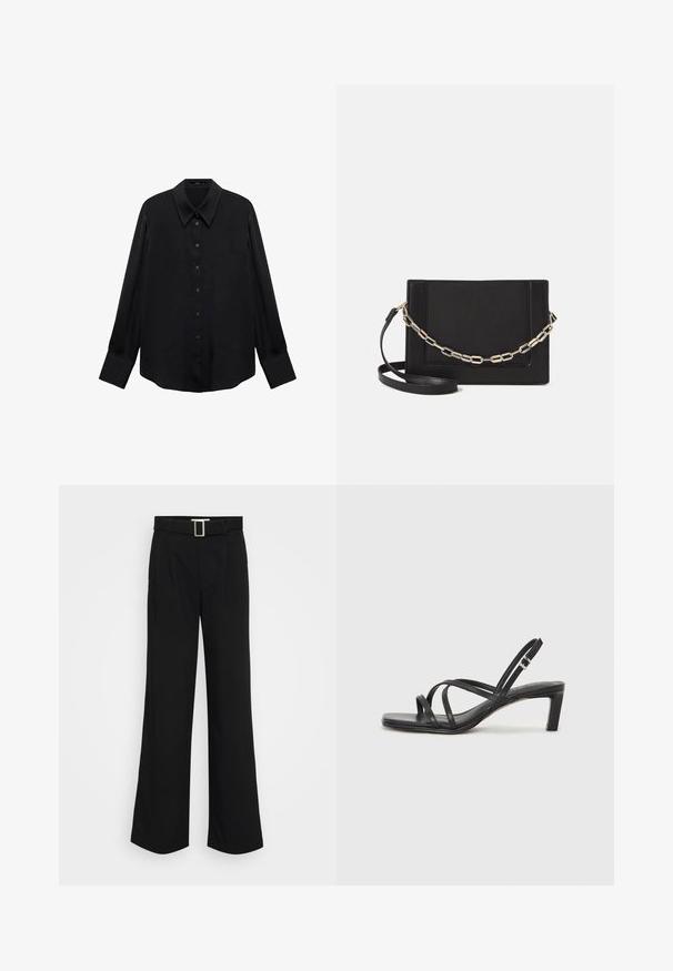 Crna majica dugih rukava od glatkog materijala. Ima uski ovratnik, prednje kopčanje na dugmad i ravni rub. Nema vidljivih uzoraka ili akcenta.; Crne široke hlače od laganog materijala, s glatkom teksturom, prednjim plisiranim detaljima i remenom sa kvadratnom metalnom kopčom.; Crne sandale s trakama, kvadratnim prstom i niskom blok petom. Ima više tankih trakica i podesivu trakicu oko gležnja. Izrađene su od glatke kože.; Crna kožna torba preko tijela s glatkom teksturom, pravokutnim oblikom i metalnim lancem na prednjoj strani. Uključena je podesiva naramenica.