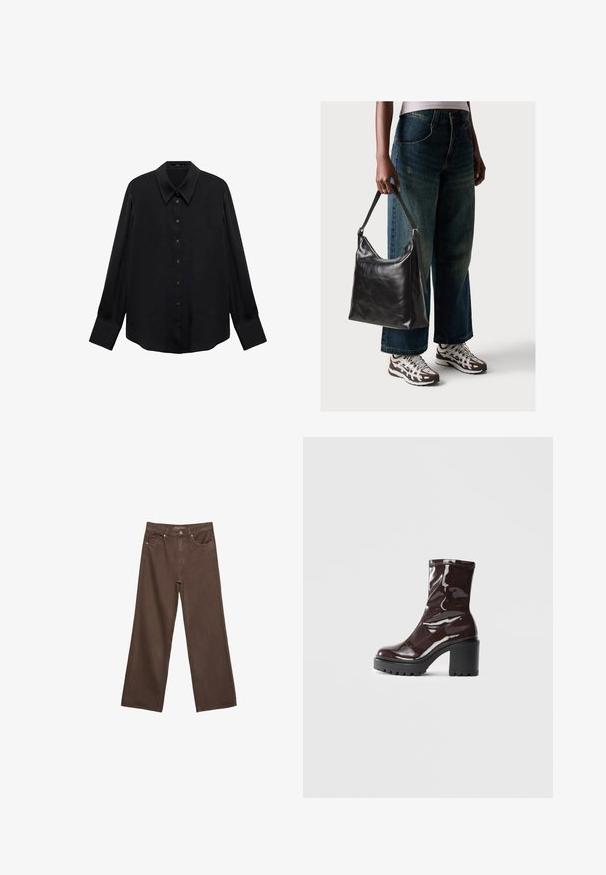 Black long-sleeve shirt made of smooth fabric. Features a pointed collar, button front, and straight hem. No patterns or accents visible.; Wide-leg brown jeans made of denim, featuring a high waist, front pockets, and a classic button closure. Smooth texture with subtle stitching.; Glossy burgundy ankle boot with a chunky black heel, featuring a smooth texture and simple design. No visible fastenings or patterns.; Black leather shoulder bag with a smooth texture and adjustable strap, paired with faded wide-leg jeans and athletic sneakers.
