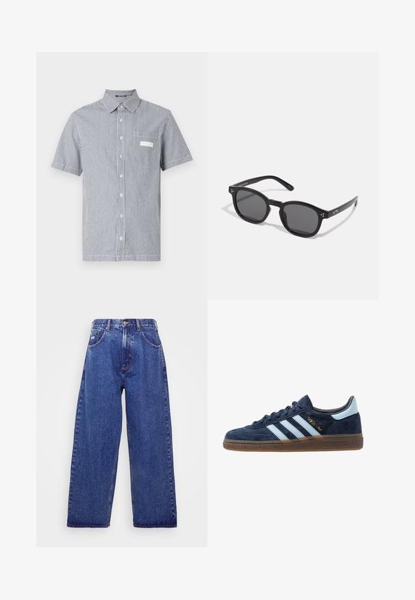 Camicia a maniche corte con bottoni, caratterizzata da un motivo a righe blu e bianche, con taschino sul petto e colletto classico. Realizzata in tessuto leggero.; Jeans in denim blu a gamba larga con vita alta, dotati di cinque tasche, chiusura con bottone e leggere sfumature per un effetto tatto.; Sneaker Adidas in suede blu navy con strisce azzurre, suola in gomma, linguetta sul tallone azzurra e logo dorato "Spezial" sul lato.; Occhiali da sole ovali neri con lenti scure, montatura spessa e accenti in argento sui lati. Materiale in plastica liscia, design contemporaneo.