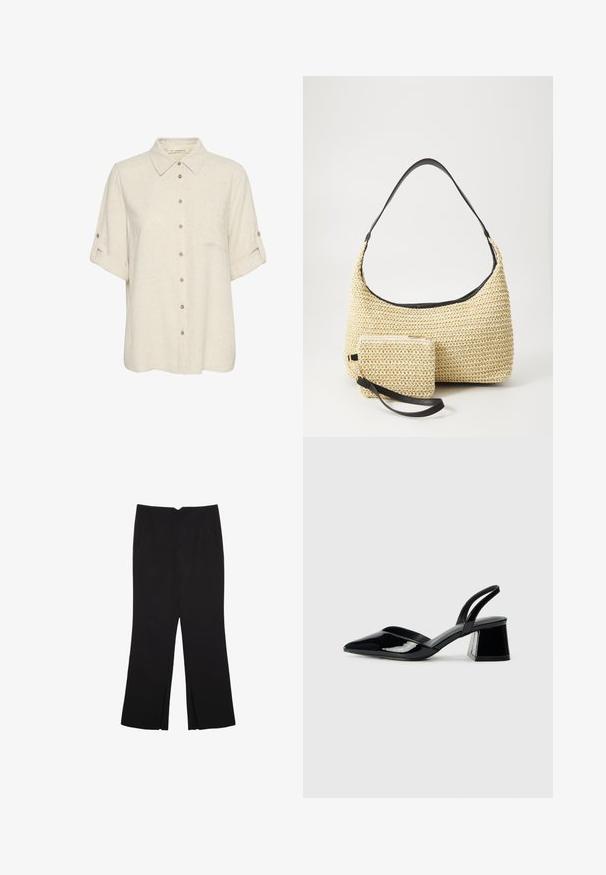 Beige pellava lyhythihainen paita nappilista edessä, joissa on rintatasku ja käärittävät hihansuut nappiaksentilla. Sileä rakenne.; Mustat housut suoralinjaisella leikkauksella, joissa on etutaskut ja sivurei'ät helman alla. Valmistettu pehmeästä ja sileästä kankaasta. Sopii eri tilaisuuksiin.; Mustat patentoitu nahkakengät, joissa on säären takaosa ja terävä kärki, sekä geometrinen palikkakorko. Sisältää tyylikkään, minimalistisen muotoilun ja sileän pinnan.; Kudottu olkikassi kaarevalla siluetilla, jossa on sileä musta nahkaremmi ja siihen kiinnitetty yhteensopiva pieni pussukka rannekahvalla.