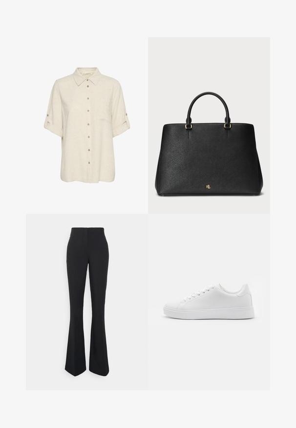 Beige leinen Kurzarmhemd mit durchgehender Knopfleiste, Brusttasche und hochgerollten Ärmeln mit Knopfakzenten. Glatte Textur.; ONLY Tall ONLEDINA FLARE PANT - Stoffhose - black; Weiße Sneakers mit einem glatten synthetischen Obermaterial, runder Zehenform, sechs Ösen für Schnürsenkel und einer flachen Gummisohle mit strukturierten Details.; Schwarze Lederhandtasche mit strukturiertem Design, glatter Oberfläche und zwei oberen Griffen. Mit goldenen Akzenten und einem Logo am Boden.