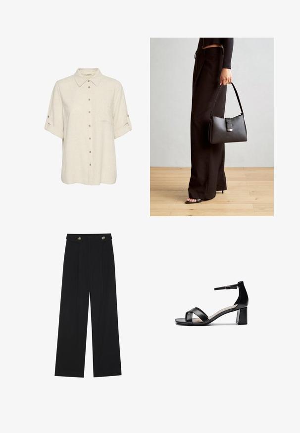 Beżowa lniana koszula z krótkim rękawem, z zapięciem na guziki z przodu, posiadająca kieszeń na piersi oraz podwijane mankiety z guziczkami. Gładka faktura.; Czarne szerokie spodnie z wysokim stanem, z detalami w postaci guzików na pasku oraz plisami z przodu.; Czarna sandał z odkrytymi palcami na obcasie z krzyżującymi się paskami, regulowanym paskiem na kostkę i masywnym obcasem, z gładką skórzaną teksturą.; Czarna torebka o usztywnionym kształcie, gładkiej fakturze i metalowym zapięciem. Połączona z szerokimi czarnymi spodniami i sandałami na otwartym palcu na drewnianej podłodze.