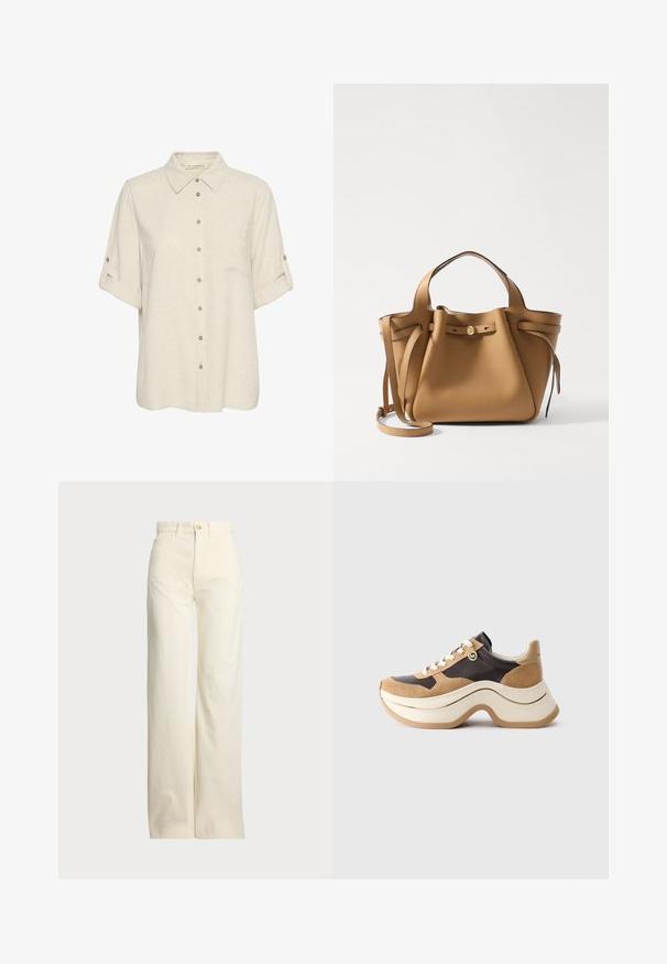 Camicetta beige in lino a maniche corte con un'apertura a bottoni, dotata di tasca sul petto e maniche con risvolto e dettagli a bottone. Tessuto morbido.; Polo Ralph Lauren COTTON CORDUROY WIDE-LEG PANT - Pantaloni - warm white; Sneaker con suola chunky in beige e marrone scuro con dettagli in suede, lacci bianchi e un piccolo charm dorato MK sul lato.; Tory Burch ROMY PEBBLED SATCHEL - Borsa a mano - tiramisu