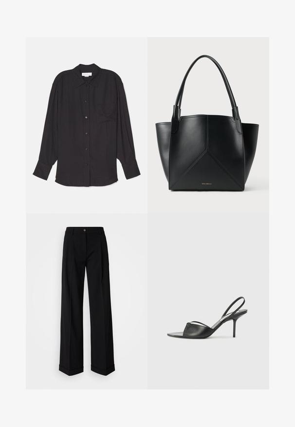 Black long-sleeve shirt made from lightweight fabric, featuring a button-down front, single chest pocket, and relaxed fit with subtle texture.; Black wide-leg trousers with a smooth fabric, featuring a front button closure and two front pleats. Hem is cuffed. Minimalist design.; Black leather slingback heels with a pointed toe, thin ankle strap, and stiletto heel. Features a knotted detail on the vamp.; Black leather tote bag with a geometric design, featuring two handles and gold branding on the front. Smooth texture and structured shape.