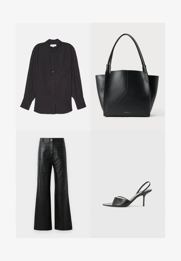 Black long-sleeve shirt made from lightweight fabric, featuring a button-down front, single chest pocket, and relaxed fit with subtle texture.; Black leather wide-leg pants with front pockets and a button closure. The material is smooth with a slight sheen and visible seam detailing.; Black leather slingback heels with a pointed toe, thin ankle strap, and stiletto heel. Features a knotted detail on the vamp.; Black leather tote bag with a geometric design, featuring two handles and gold branding on the front. Smooth texture and structured shape.