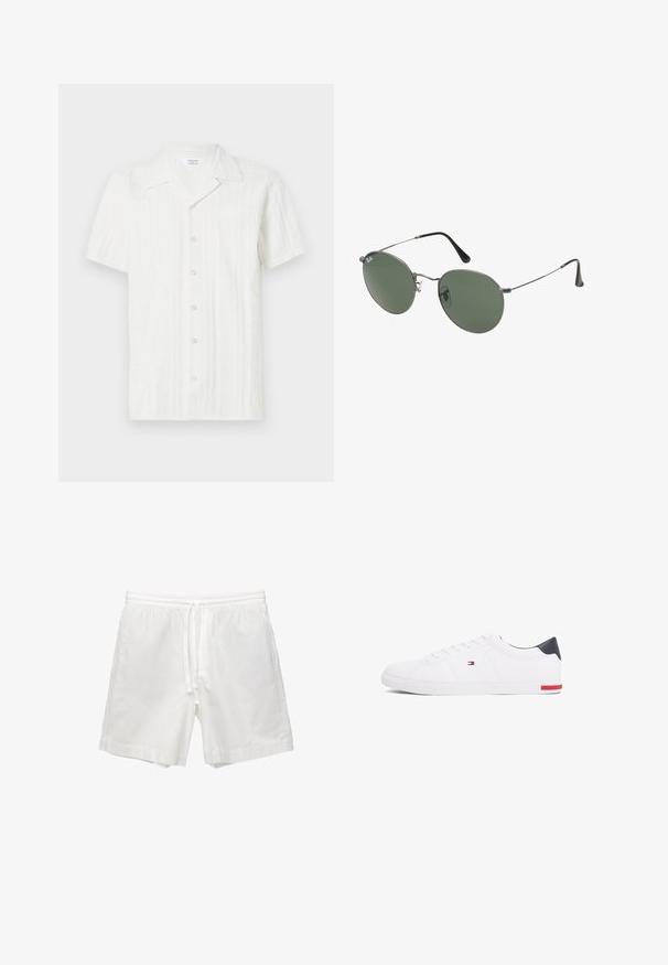 Camicia bianca a maniche corte con un motivo testurizzato, chiusura a bottoni sul davanti e una tasca singola sul lato sinistro. Realizzata in tessuto leggero.; Shorts bianchi in cotone con vita elasticizzata e cordino, tasche laterali e taglio dritto con orli rifiniti.; Sneakers bianchi a punta bassa realizzati in pelle liscia. Presentano una tomaia blu navy sul tallone e un accento rosso sulla suola. Sei occhielli per i lacci.; Occhiali da sole con montatura in metallo e lenti verdi ovali. Montatura sottile in metallo argento e terminali neri. Design minimalista, senza loghi visibili.