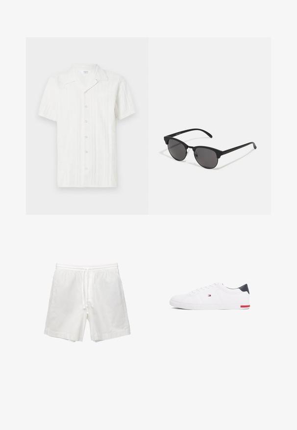 Hvid kortærmet skjorte med et struktureret mønster, knaplukning foran og en enkelt lomme på venstre side. Lavet af letvægtsstof.; Hvide bomuldsbukser med elastisk talje og snøre, sidelommer og lige snit med færdige kanter.; Hvide low-top sneakers lavet af glat læder. Har en marineblå hælkappe og en rød detalje på sålen. Seks snørehuller.; Sorte solbriller med runde linser, mat finish og karakteristisk katteøje-form. Slanke arme med subtil branding på venstre stel.