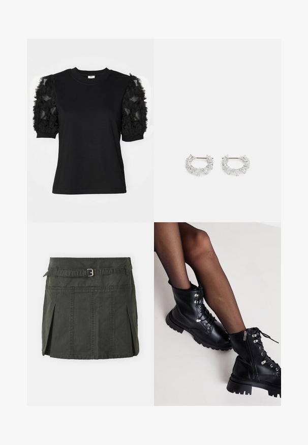 T-shirt preto com mangas curtas em tecido de tule preto franzido, decote redondo e silhueta ajustada.; Saia mini de algodão verde escuro com cintura ajustada, cinto e pregas frontais. Apresenta detalhes de costura e um corte clássico.; Even&Odd Wide Fit Botins de atacadores - black; Brincos de argola prateados com cristais claros, retangulares e triangulares dispostos em um design padronizado. Pinos para um fecho seguro.