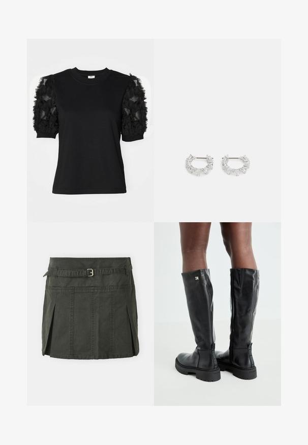 Black t-shirt featuring short sleeves made of ruffled black tulle fabric, round neckline, and a fitted silhouette.; Dark green, cotton mini skirt with a fitted waist, a belt, and front pleats. Features stitching details and a classic cut.; Black knee-high leather boots with a smooth texture, rounded toe, chunky sole, and zipper closure. Features silver logo on the side.; Silver hoop earrings featuring clear, rectangular and triangular crystals arranged in a patterned design. Posts for secure fastening.