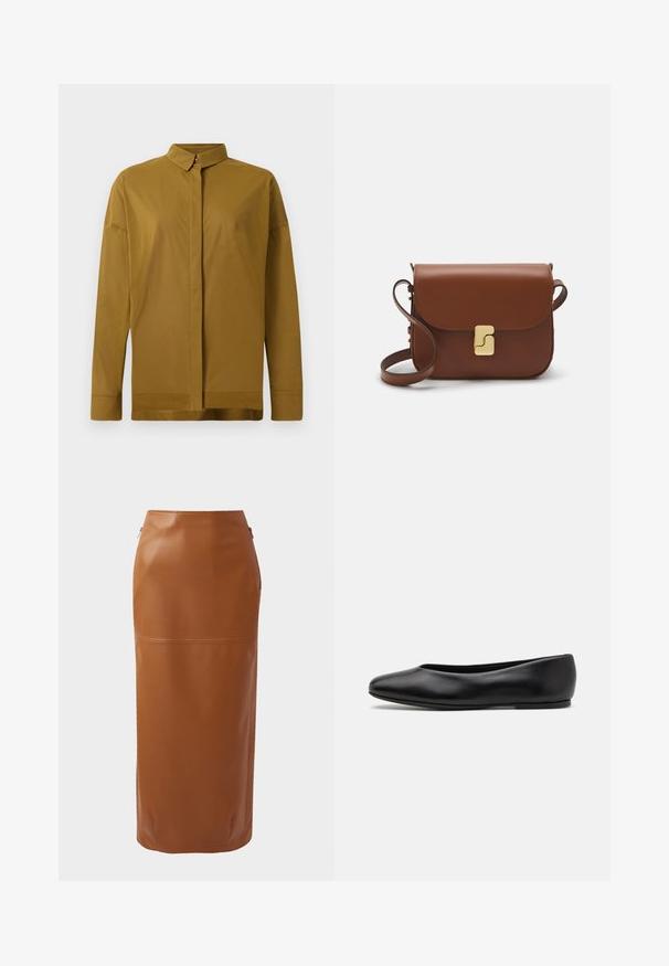 Brun långärmad skjorta med spetsig krage, framknäppning och slät tygstruktur. Skräddarsydd passform med rak nederkant.; Brun läder midi-kjol med en figursydd silhuett, sidodragkedjor och en mjuk textur. Har en horisontell sömdetalj nära fållen.; Paul Smith TOPANGA - Ballerinaskor - black; Brun läderhandväska med klaffstängning, guldfärgad hårdvara, axelrem och en slät yta. Kompakt rektangulär form.