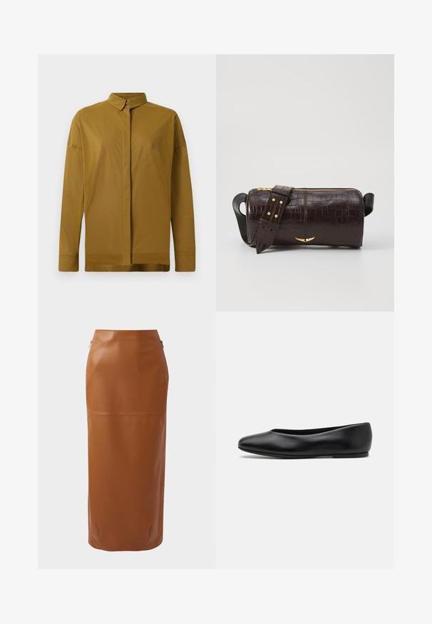 Brown long-sleeve shirt with a pointed collar, front button placket, and smooth fabric texture. Tailored fit with a straight hem.; Brown leather midi skirt with a fitted silhouette, side zippers, and a smooth texture. Features a horizontal seam detail near the hem.; Paul Smith TOPANGA - Ballet pumps - black; Brown crocodile-embossed leather bag with a cylindrical shape, gold-tone hardware, and a detachable strap featuring studs.