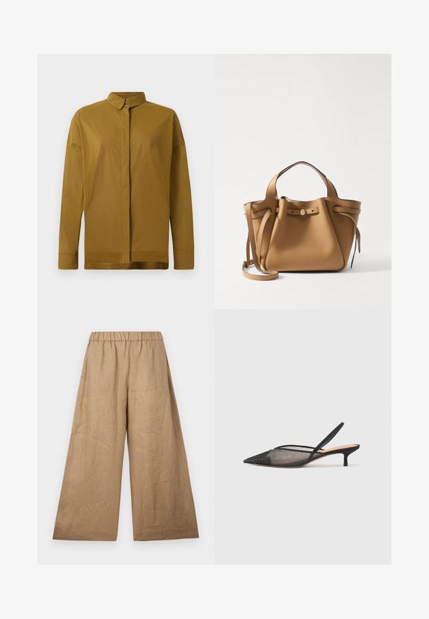 Camicia marrone a maniche lunghe con colletto appuntito, patta frontale con bottoni e texture del tessuto liscia. Vestibilità su misura con orlo dritto.; Pantaloni larghi in lino di un colore marrone chiaro, dotati di una vita elastica arricciata e una finitura liscia e texturizzata.; NEOUS IRENA - Decolleté - black; Tory Burch ROMY PEBBLED SATCHEL - Borsa a mano - tiramisu