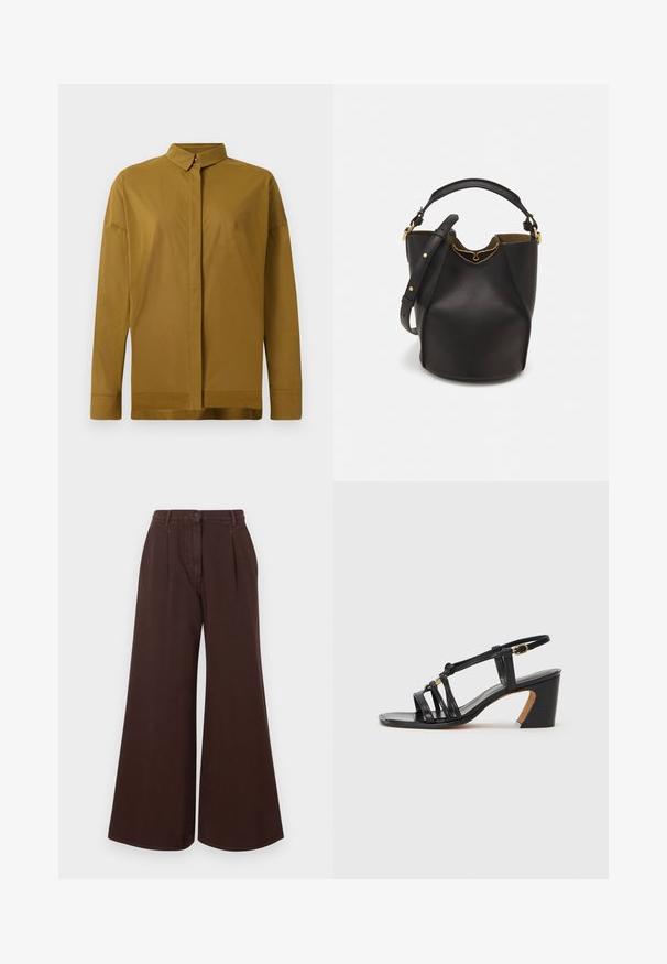 Ruda ilgo rankovų marškiniai su pailga apykakle, priekiniais mygtukų užsegimais ir lygiu audinio tekstūra. Prisimatuotas siluetas su tiesiu apdaila.; Aukšto juosmens platėjančios rudos kelnės su mygtuku ir užtrauktuku, dirželių kilpomis ir priekinėmis raukšlėmis.; Paul Smith AMIRA - Klasikiniai aukštakulniai - black; Juodas odinis kibiro tipo krepšys su tekstūruotu paviršiumi, auksiniais detalėmis ir atvira viršūne. Yra trumpa rankena ir reguliuojama petneša.