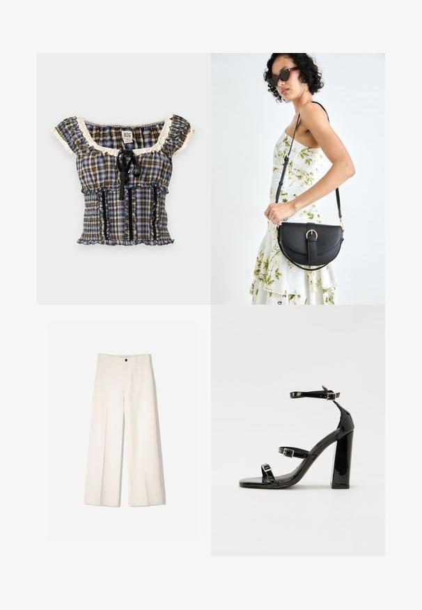 Plavi i smeđi karirani skraćeni top s naboranim rukavima, elastičnim naborima i crnom vrpcom na izrezu. Kremasti detalji na rubovima.; Kreme hlače širokih nogavica s krojem koji je prilagođen, s dva prednja džepa i jednim prednjim zatvaranjem na gumb, izrađene od glatkog materijala.; Crne lakirane sandale na pete sa kvadratnim nosom, trakama oko gležnja i srebrnim kopčama. Imaju čvrst blok petu za stabilnost.; Crna kožna torba s lukovitim oblikom, odvojivim remenom i zlatnim detaljima. Torba ima preklop s kopčom.