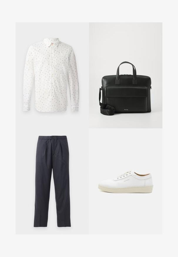 Balta ilgomis rankovėmis marškinėliai su spalvingų raidečių kartojančiu raštu, mygtukais užsegamas priekyje, standartinis apykaklė ir mygtukais užsegamos rankovės.; Tamsiai mėlynos kelnės, pagamintos iš švelnios medžiagos, su klostėtu priekiu ir elastingu juosmeniu. Yra mygtuko užtrauktukas ir tiesios išklikimo pjūvis.; Balti odiniai sportbačiai su tekstūriniu paviršiumi, apvaliu kojų pirštu, smėlio spalvos guma ir šešiomis pilkomis raištelių akytėmis, su subtiliu ženklinimu šone.; Juodas odinis darbų krepšys su dviem viršutiniais rankenomis, priekinėmis kišenėmis ir nuimama juosta, su subtiliu prekės ženklu apačioje.