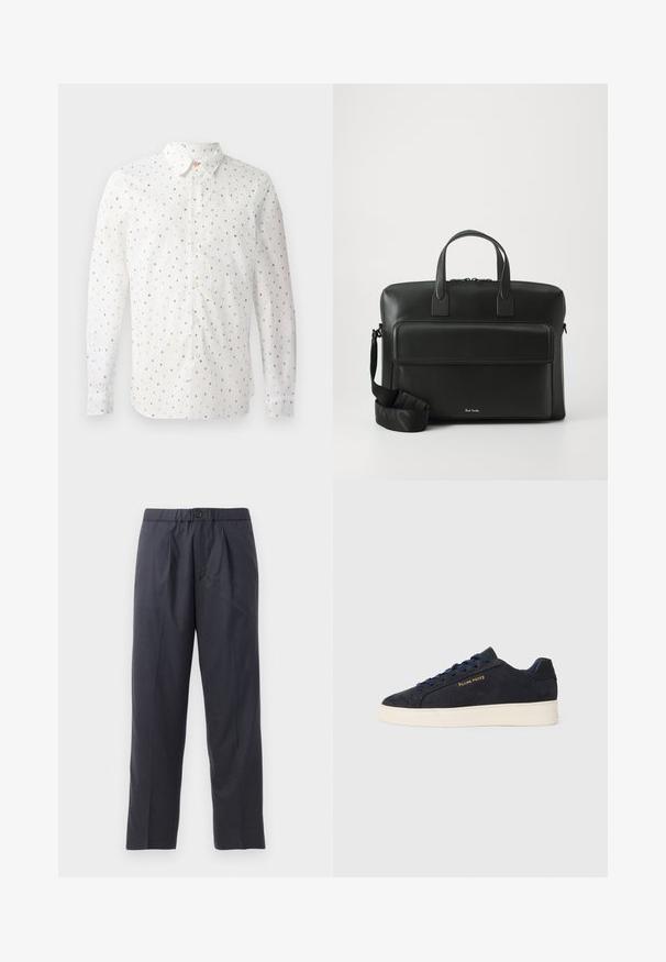 Duga bijela majica s dugim rukavima koja sadrži ponavljajući uzorak šarenih slova, s kopčanjem sprijeda, standardnim ovratnikom i rukavima na dugmad.; Tamno plave hlače od mekanog materijala s plićim prednjim dijelom i elastičnim pojasom. Imaju zatvaranje na gumb i ravno krojenje.; Navy plave sačmene niske tenisice s bijelim potplatom, mornarskim vezicama i "Filling Pieces" logotipom u zlatnoj boji sa strane.; Crna kožna aktovka s dvije gornje drške, prednjim džepom i sklopivim remenom, s suptilnim brandingom na dnu.