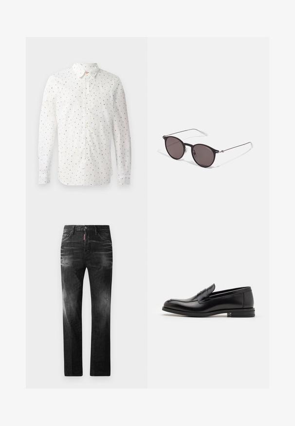 Langærmet hvid skjorte med et gentagende mønster af farverige bogstaver, knaplukning foran, standardkrave og knapmanchetter.; Sorte denim jeans med lige pasform. Har falmede områder, mindre slid, klassisk fem-lommer design og knaplukning.; Sorte læderloafers med en glat overflade, rund tå og en dekorativ strop over vampen. Lav hæl med stabeldesign, minimalistisk stil.; Sorte runde solbriller med mørke linser og slanke metalarme. Inkluderer klare tempeltips og sølvdetaljer ved hængslet. Minimalistisk design.