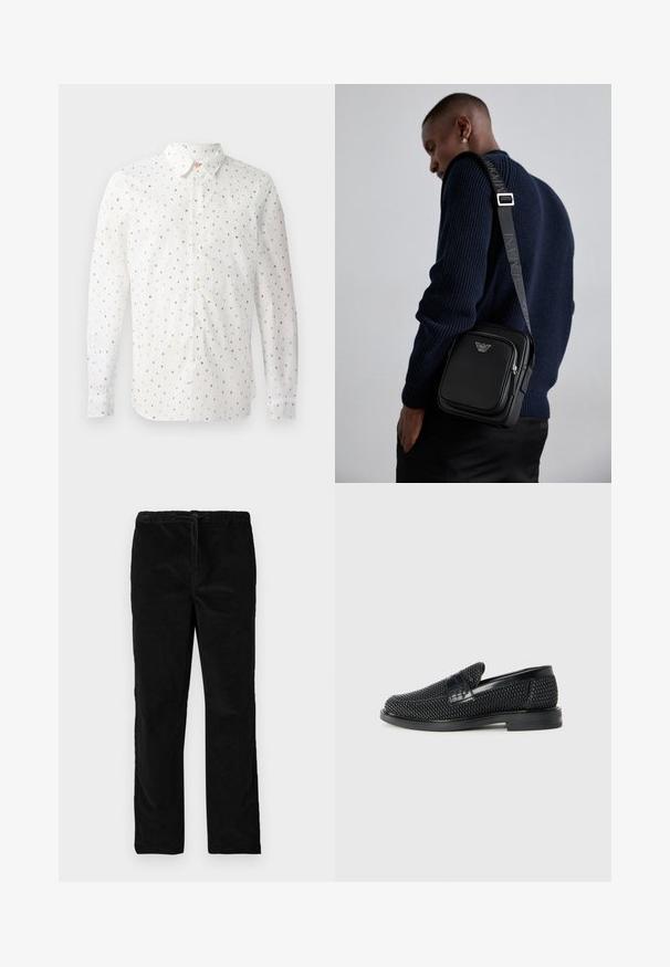Cămașă albă cu mânecă lungă, având un model repetat de litere colorate, închidere cu nasturi în față, guler standard și manșete cu nasturi.; Pantaloni din catifea negri, drepti, cu talie elastică și șnur în față, expuși pe un fundal alb simplu.; Pantofii negri din material textil, cu accent din piele netedă pe partea superioară, design cu vârf rotund și talpă din cauciuc de profil redus.; Geantă crossbody din piele neagră, cu un compartiment cu fermoar, detaliu cu logo și o curea ajustabilă cu marcă. Pură împotriva unui pulover texturat de culoare bleumarin.