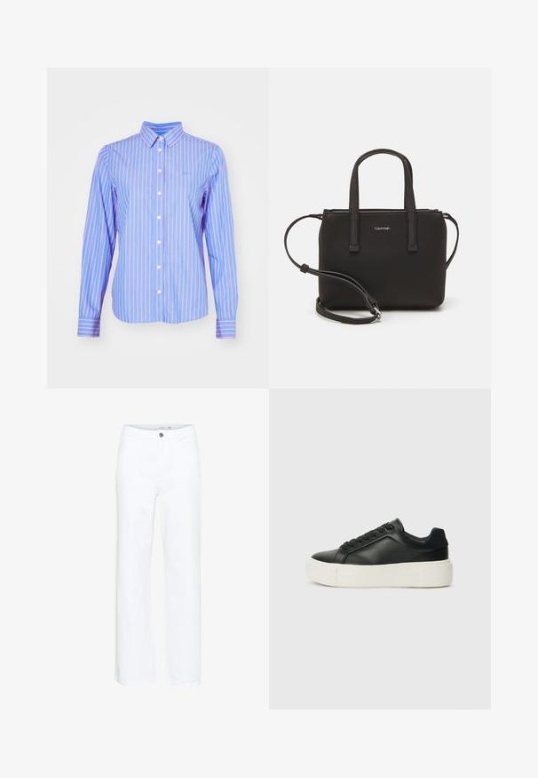 GANT - Bluzka; Białe dżinsy o szerokich nogawkach. Posiadają zapięcie na guzik oraz tradycyjny pięciokieszeniowy krój. Gładka tekstura z czystym wykończeniem.; Czarne skórzane trampki z zaokrąglonym czubkiem, białą platformą i czarnymi sznurówkami. Charakteryzują się subtelnym logo na pięcie i gładką fakturą.; Czarna torebka z dwoma krótkimi uchwytami i odpinanym paskiem na ramię. Gładki materiał przypominający skórę, z zamkiem błyskawicznym i detalem z logo.