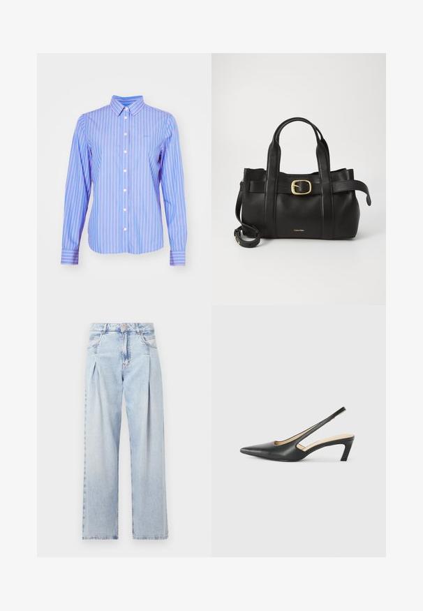 GANT STRIPED - Chemisier - hellblau/weiß; Jeans en denim bleu clair avec taille haute, coupe large, deux poches latérales et design plissé. Texture douce avec une finition décolorée.; Slingback noir à bout pointu avec un petit talon, en cuir lisse et doté d'un design découpé sur le côté pour plus de respirabilité.; Sac à main en cuir noir présentant un design structuré, deux poignées supérieures, un accent de boucle en ton doré et un logo de la marque en relief à l'avant.