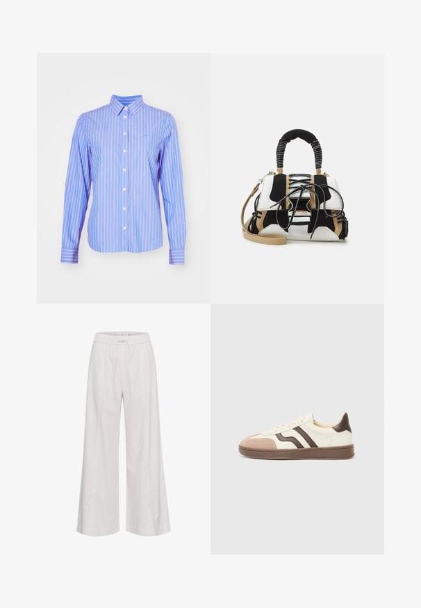 GANT STRIPED - Skjortebluse - hellblau/weiß; Bredde ben bukser i myk hvit stoff, med elastisk midje og snøring, glatt tekstur og uten ytterligere dekorasjoner.; Lisse-sneakers laget av kremfarget lær med brun semsket skotupp og mørkebrune striper. Gummisåle med teksturdetaljer.; Flerfarget håndveske med svart, hvit og beige mesh. Har et teksturert håndtak, snøredesign og avtakbar skulderstropp.