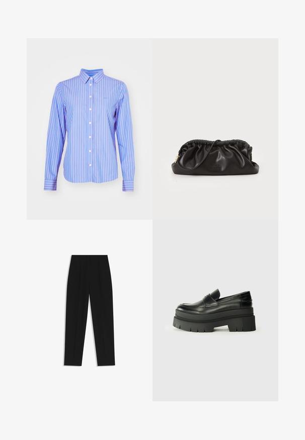 GANT STRIPED - Camicia - hellblau/weiß; Pantaloni neri a taglio dritto, con doppie pieghe, una texture liscia e un design classico in vita. Nessun hardware o dettaglio visibile.; Mocassini neri in pelle con suola piatta spessa. Punta arrotondata, dettaglio della cucitura frontale e accenti di cucitura sottili. Suola piatta e testurizzata.; Borsa a pochette in pelle nera con cima arricciata, chiusura a zip e dettagli in metallo dorato. Texture liscia con logo impresso.
