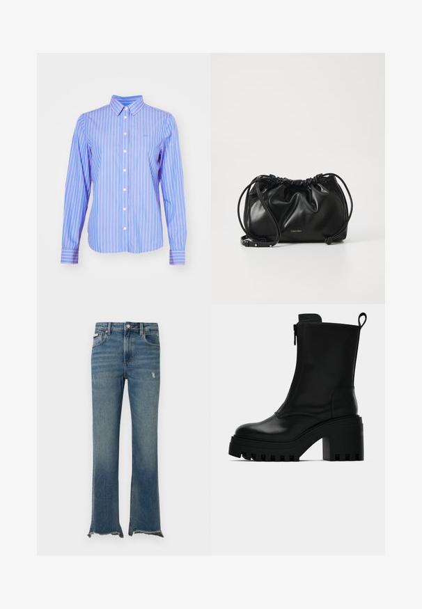 GANT STRIPED - Button-down blouse - hellblau/weiß; Blue denim jeans with slight distressing, raw frayed hems, front pockets, belt loops, and a button closure.; Black leather ankle boot with chunky lug sole, block heel, side zipper, and pull tab at the back on plain white background.; Black leather handbag with gathered design, dual drawstring closure, and detachable shoulder strap. Features metallic logo detail.