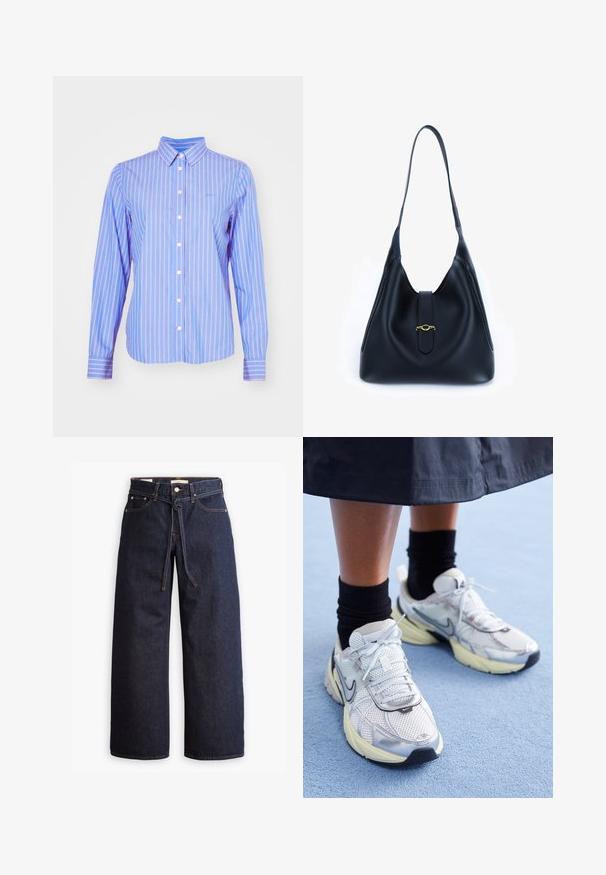 GANT STRIPED - Button-down blouse - hellblau/weiß; Wide-leg dark blue denim jeans with a high waist, featuring a drawstring tie, five pockets, and contrasting stitching details.; White and silver Nike sneakers with mesh fabric, reflective accents, and a beige sole. Worn with black socks, standing on a blue surface.; Black leather handbag with a soft, slouchy design. Features a flat strap and a central closure adorned with a gold accent.