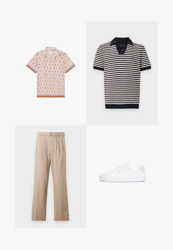 Short-sleeve shirt in beige with a floral pattern, featuring pink, orange, and green illustrations. Accented with striped blue and brown trims.; Striped short-sleeve polo shirt in navy and cream, featuring a V-neck, ribbed collar, and logo detail on the chest. Textured knit fabric.; Beige, wide-leg trousers made from a smooth cotton blend, featuring front pleats, a stitched waistband, and a metal buckle belt.; White sneaker with a smooth leather upper, round toe, flat sole, and minimalistic design. Features subtle branding and a beige accent at the heel.