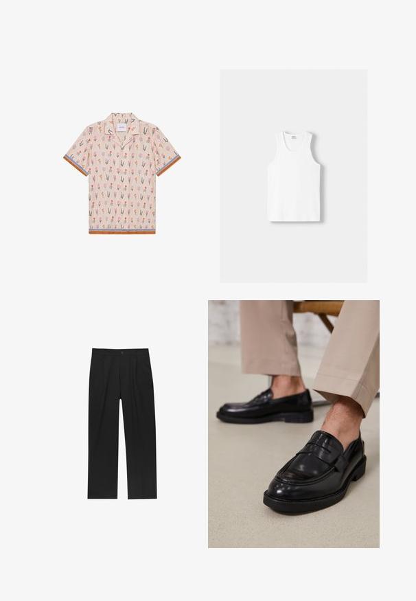 Kurzarmhemd in Beige mit floralem Muster, das pinke, orangefarbene und grüne Illustrationen zeigt. Akzentuiert mit gestreiften blauen und braunen Rändern.; Weißes Baumwoll-Trägershirt mit Rundhalsausschnitt, breiten Trägern und geradem Saum, das eine glatte Textur aufweist und keine sichtbaren Muster hat.; Schwarze Hose mit geradem Schnitt, aus einem glatten Stoff gefertigt. Verfügt über Vorderfalten und einen einzelnen Knopfverschluss an der Taille.; Schwarze Lederloafers mit glatter Oberfläche, ausgestattet mit einem dekorativen Riemen und Kontrastnähten, kombiniert mit beigen Hosen.