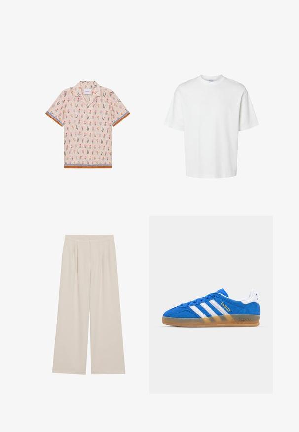 Šviesios spalvos trumpomis rankovėmis marškiniai, dekoruoti gėlių raštu, su rožinėmis, oranžinėmis ir žaliomis iliustracijomis. Papuošti dryžuotais mėlynais ir rudais apvadais.; Balta medvilninė marškinė su trumpomis rankovėmis, apvaliu iškirpimu ir laisvu siluetu. Lygus paviršius be matomų raštų ar akcentų.; Bežiniai plačių kojų kelnes su lygiu priekiu, raukiniais ir elastinga juostele. Pagamintos iš lengvos medžiagos su glotnia tekstūra.; Mėlyni zomšiniai sportbačiai su baltais dryžiais ir „Gazelle“ tekstu. Yra guminis padas ir tekstūruoti akcentai ant viršaus. Klasikinis dizainas.