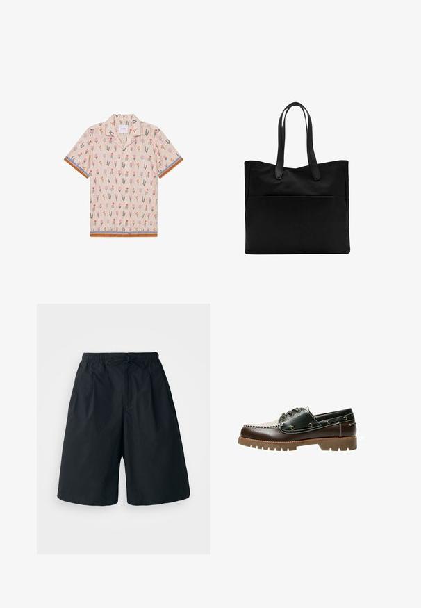 Korte mouwen shirt in beige met een bloemenpatroon, met roze, oranje en groene illustraties. Accent met gestreepte blauwe en bruine afwerkingen.; Zwarte shorts met een elastische tailleband en een verstelbare koord. Gemaakt van een gladde stof, met een losse pasvorm en geen zichtbare patronen.; Bruine en groene leren bootschoen met een witte gestikte design, ronde veters en een gestructureerde rubberen zool. Duurzame constructie met metalen veteroogjes.; Zwarte tote bag met twee lange handvatten, gemaakt van gladde stof. Bevat een voorkantzak en heeft een minimalistisch design. Geen zichtbare hardware of patronen.