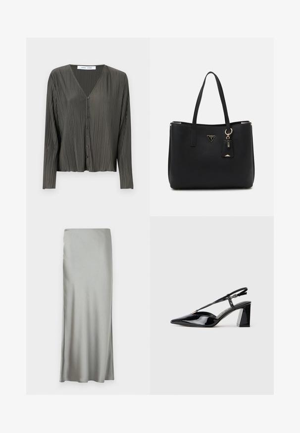 Tmavozelená, dlhá košeľa s gombíkmi a výstrihom do V, s plisovanou textúrou a čiernymi gombíkmi. Tkanina sa zdá byť hladká a ľahká.; Svetlosivá saténová maxi sukňa s hladkou textúrou a bočným rozparkom, navrhnutá s rovnou siluetou pre plynulý vzhľad.; Čierne patent leather sandále na vysokých opätkoch s ostrou špičkou, nastaviteľným popruhom a robustným obdĺžnikovým opätkom.; Čierna taška cez plece vyrobená z textúrovaného syntetického materiálu, so zatahovacími popruhmi, zlatou logovou tabuľkou a malou značkou s akcentovou detailou.