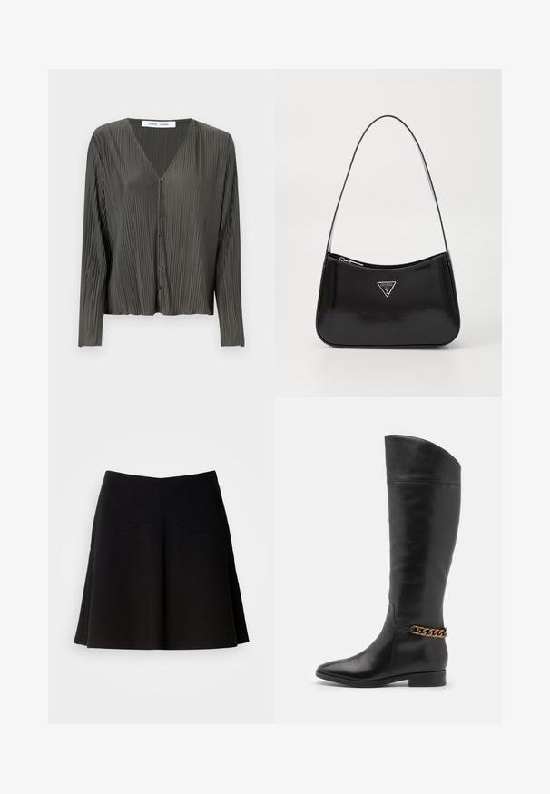Dunkelgrünes, langärmliges Hemd mit Knopfleiste und V-Ausschnitt, mit plissierter Textur und schwarzen Knöpfen. Der Stoff wirkt glatt und leicht.; Schwarzer, ausgestellter Rock aus weichem Stoff, mit einem taillierten Bund und Nahtdetails. Glatte Textur mit einem schlichten, klassischen Design.; Hohe schwarze Lederstiefel mit elegantem Design, spitzer Zehe und einem goldenen Kettenakzent am Knöchel. Tiefer Blockabsatz. Glatte Textur.; Schwarze patentierte Leder-Schultertasche mit geschwungener Form, ausgestattet mit einem silbernen Dreieckslogo und einem Reißverschluss. Glatte Textur und schmaler Riemen.