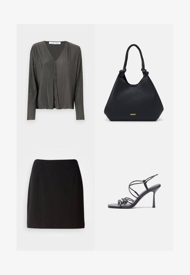 Mörkgrön, långärmad knapp-up skjorta med V-ringning, plisserad textur och svarta knappar. Tyget verkar slätt och lätt.; Svart kjol med en fitting silhuett, tillverkad av ett slätt tyg. Har diskreta framveck och en design som når till mitten av låret.; Svarta högklackade sandaler har tunna remmar med en knuten design, en slät fyrkantig tå och en smal stilettklack.; Svart läder tote-väska med en texturerad yta, knutna handtagsdetaljer och guldlogotyp i botten. Har en avslappnad silhuett.; Silver hoopsörhängen med en slät, glänsande yta, med en böjd form och post-stängning. Minimalistisk design med en modern finish.