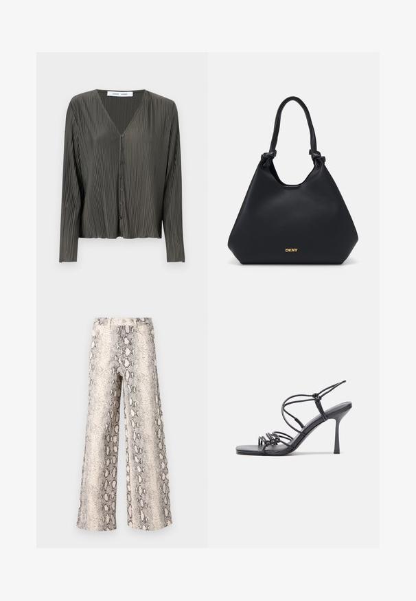 Cămașă cu mânecă lungă, de culoare verde închis, cu guler în V, textură plisată și nasturi negri. Materialul pare neted și ușor.; Pantaloni largi cu un model de imprimeu șarpe, având o paletă de culori crem și gri, confecționați dintr-un material texturat cu un design cu talie înaltă.; Sandale negre cu toc înalt au curele subțiri cu un design legat, un vârf pătrat neted și un toc stiletto elegant.; Geantă tote din piele neagră cu un finisaj texturat, cu accente de mânere legate și detalii cu logo auriu la bază. Prezintă o siluetă lejeră.