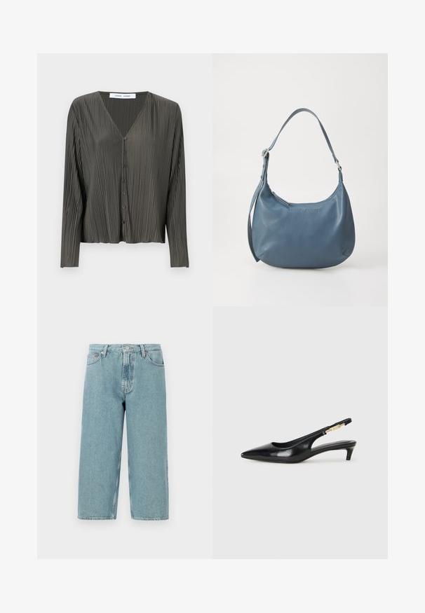 Camisa de botão de mangas longas em verde-escuro, com decote em V, textura pregueada e botões pretos. O tecido parece suave e leve.; Shorts de denim azul claro com cintura alta, corte reto e bainha desfiada. Apresenta um fecho clássico de botão e zipper, além de quatro bolsos.; Saltos slingback em couro preto com bico fino, apresentando um salto esguio e um detalhe em tom dourado na alça ajustável. Textura suave.; Bolsa de couro azul com formato arredondado, alça única para o ombro, fecho em zíper e nome da marca em relevo na parte da frente. Textura suave.