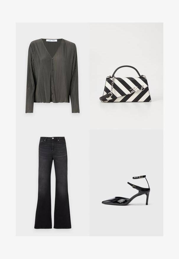 Tamnozelena košulja dugih rukava s gumbima, V-izrezom, pletenom teksturom i crnim gumbima. Tkanina izgleda glatko i lagano.; Crne traperice širokih nogavica od trapera, s visokim strukom, dizajnom s pet džepova i blagim izblijedjenjem prema rubu nogavica.; Crne lakirane cipele s visokom potpeticom, špicastim prstom, podesivim naramenicama i tankom potpeticom. Glatka tekstura s sjajnom završnom obradom.; Crno-bijela prugasta torba s čvrstim oblikom, koja ima ručku na vrhu, odvojivu lančanu naramenicu i metalni logo akcent.