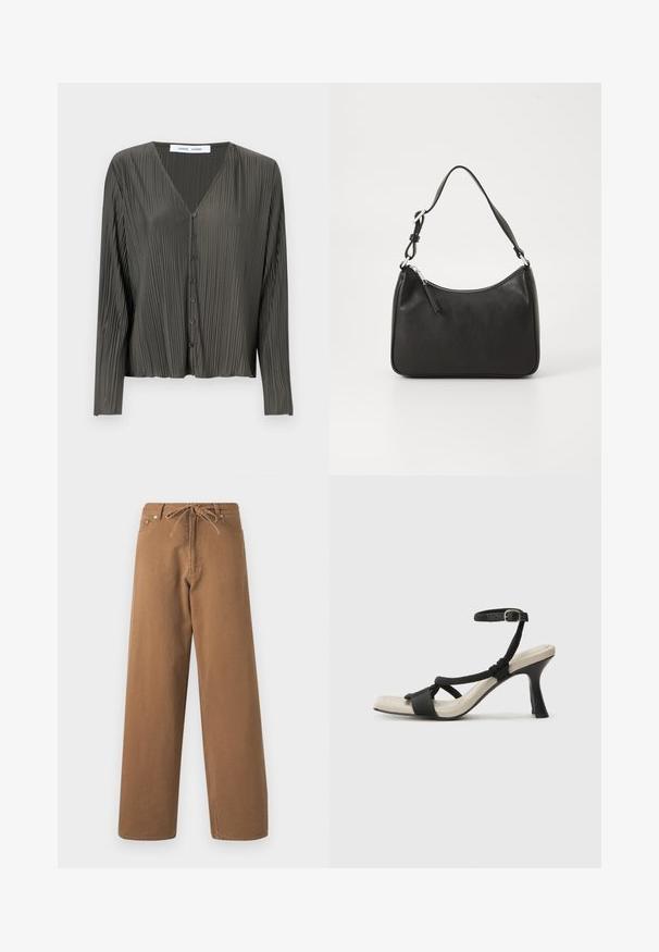 Tamsiai žalia, ilgomis rankovėmis, mygtukais segama palaidinė su V formos iškirpte, raukšlėta tekstūra ir juodais mygtukais. Audinys atrodo lygus ir lengvas.; Rudos plačios kojos kelnės, pagamintos iš medvilnės, su raišteliu liemenyje ir dviem priekinėmis kišenėmis. Tekstūruota medžiaga su lygia apdaila.; Juodų aukštakulnių sandalų su pintu dirželiu dizainas, kvadratine nosimi ir reguliuojamu kulkšnies dirželiu. Šviesiai bežė padas su blizgiu juodu kulnu.; Juoda odinė rankinė su išlenkta forma, viena dirželiu, užtrauktuko uždarymu ir subtiliu ženklinimu priekyje. Lygus paviršius, minimalistinis dizainas.