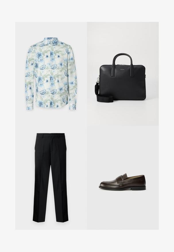 Ziedu garām piedurknēm krekls no viegla auduma, ar ziliem un zaļiem akvareļu ziediem, pogām un klasisku apkakles dizainu.; Melnas piegrieztas bikses ar taisnu griezumu, ar pogu aizdari, rāvējslēdzēju un jostas cilpām. Gluda auduma ar sānu kabatām.; Calvin Klein Čības - cocoa brown; Melnas ādas portfelis ar rakstainu apdari, diviem rokturiem, noņemamu plecu siksnu un priekšējo logotipa detaļu. Ar rāvējslēdzēja aizdari.