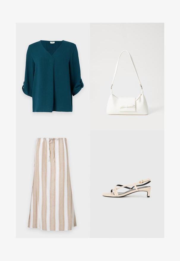 Teal blouse with a V-neck, three-quarter sleeves, and buttoned cuffs. Made of textured fabric with a loose fit and front pleat detail.; Striped skirt in white and light brown, featuring a drawstring waist and a long, flowing design. Made from lightweight fabric with a relaxed fit.; Beige leather slingback sandal with crisscross straps, low heel, and black accents. Smooth texture and minimalistic design.; White synthetic handbag with a triangular shape, flat front flap and bow detail, adjustable strap, smooth texture, and minimalistic design.