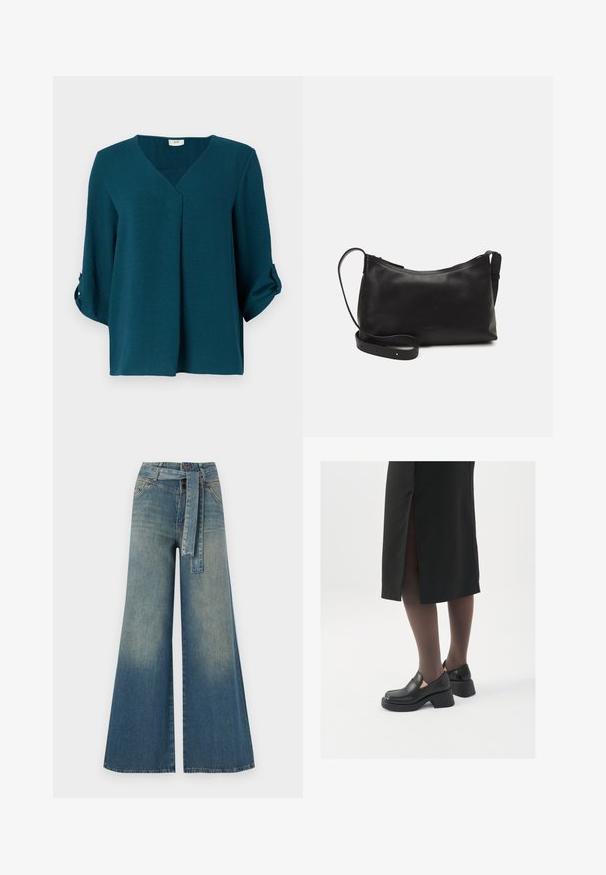 Teal blouse with a V-neck, three-quarter sleeves, and buttoned cuffs. Made of textured fabric with a loose fit and front pleat detail.; Wide-leg denim trousers featuring a light to dark blue gradient, high waist, belt loops, and a matching fabric belt. Textured denim finish.; Black leather shoes with a rounded toe, thick block heel, and elastic side accents, paired with dark tights and a black skirt with a slit.; Black leather shoulder bag with a smooth texture, curved shape, adjustable strap, and a zip closure. Minimalist design without embellishments.