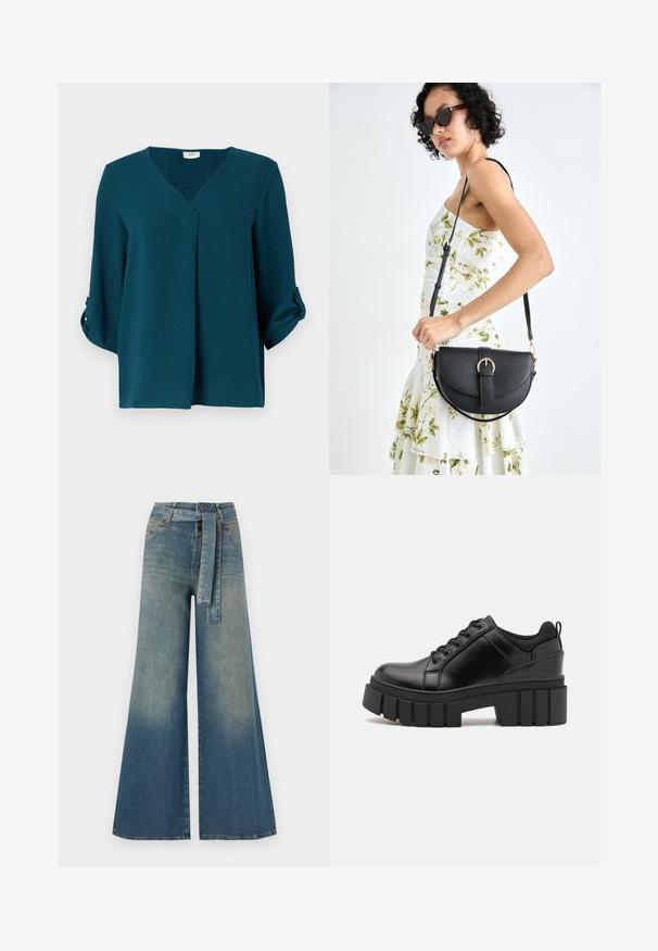 Teal blouse with a V-neck, three-quarter sleeves, and buttoned cuffs. Made of textured fabric with a loose fit and front pleat detail.; Wide-leg denim trousers featuring a light to dark blue gradient, high waist, belt loops, and a matching fabric belt. Textured denim finish.; Black leather platform shoes with a chunky block heel, round toe, and traditional lace-up design. Features smooth texture and minimal detailing.; Black leather handbag with a curved shape, detachable strap, and gold hardware. The bag features a flap with a buckle detail.