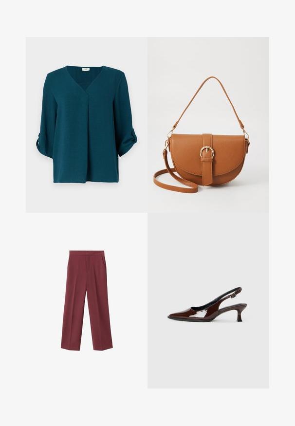 Teal blouse met een V-hals, driekwartmouwen en knoopmanchetten. Gemaakt van textuurstof met een losse pasvorm en een detail met een voorplooien.; Bordeaux brede broek met een zachte textuur, voorzien van zijzakken en een hoogtaille ontwerp. Strak gesneden met een nette voorplooi.; Bruine gepatineerde leren slingback-schoen met een spitse neus en een gematigd hakje. Voorzien van een gespsluiting voor een veilige pasvorm. Glad van textuur.; Bruine leren schoudertas met een gebogen vorm, gouden hardware en een gespaccent. Bevat een afneembare schouderriem.