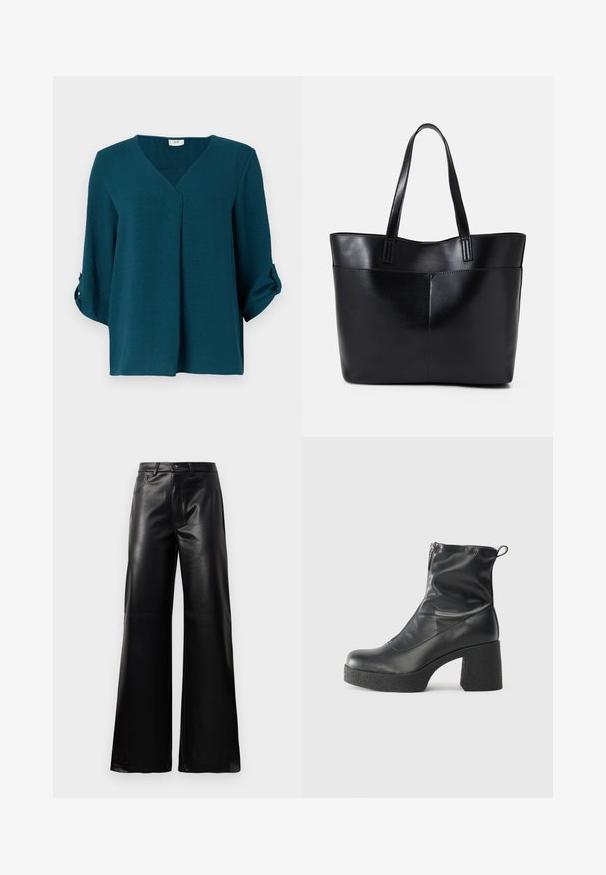 Blusa verde-água com decote em V, mangas três quartos e punhos abotoados. Feita de tecido texturizado com um corte solto e detalhe de pregas na frente.; Calças largas de imitação de couro pretas, de cintura alta, com botão frontal, fecho de correr, passadores de cinto e bolsos laterais sobre fundo branco.; Botas de tornozelo pretas feitas de couro liso, com fecho lateral, salto grosso texturizado e design de bico arredondado.; Bolsa tote preta em couro com duas alças longas, textura suave e forma estruturada. Apresenta um bolso frontal para armazenamento adicional.